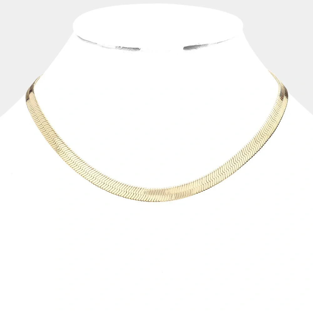 14K Gold Plated Herringbone Chain Metal Necklace